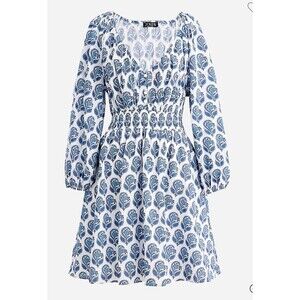 J Crew V Neck Mini Bouquet Block Print Blue White Lined XS Smocked Dress